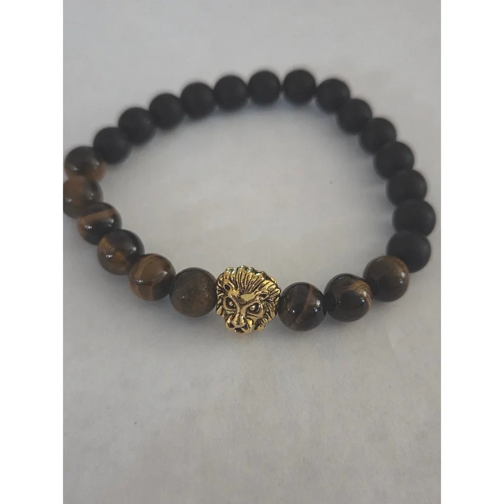 Lion Head Tiger's Eye and‎ Matte Black Onyx Beaded Stretch Bracelet NEW